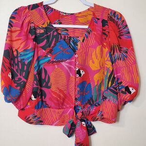 Joie Top Blouse Womens Size Medium Tropical Vacation Parrot Resort Tie Front
